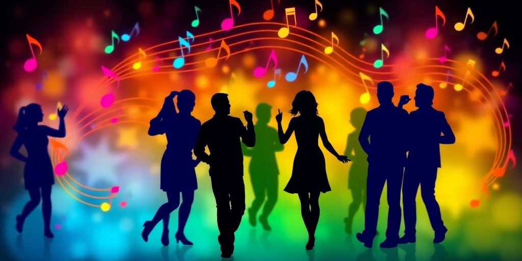 Ícone de nota musical colorida com pessoas ao redor.