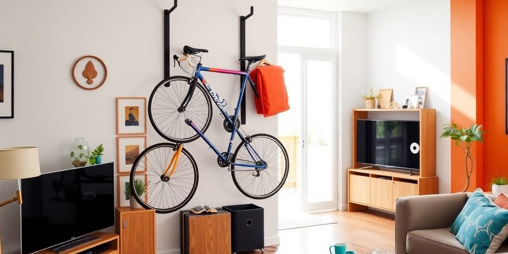 A bike mounted on the wall in a stylish room.