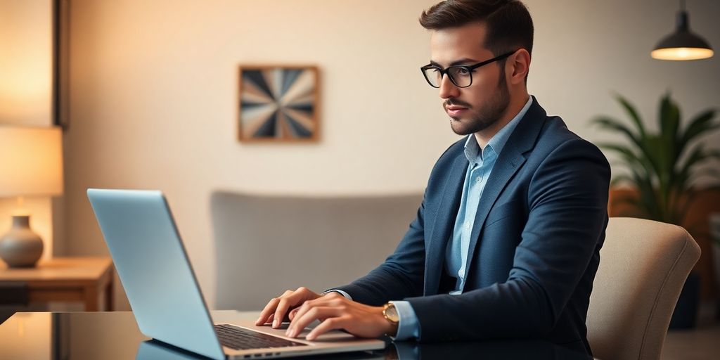 Individual creating a resume on a laptop in a bright workspace.