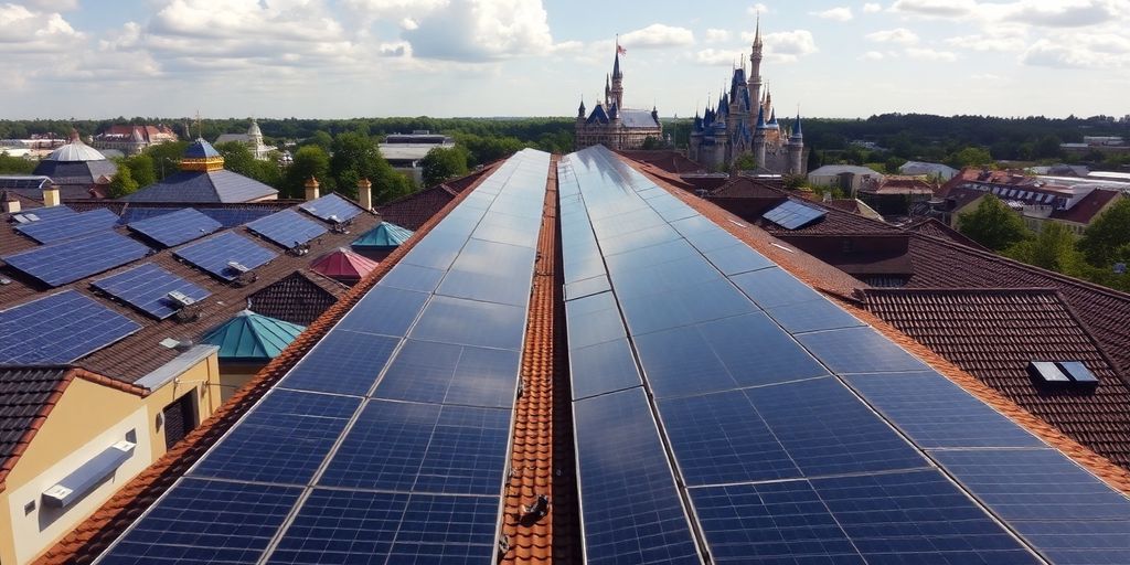 Panneaux solaires sur le toit d'un bâtiment de Disneyland Paris.