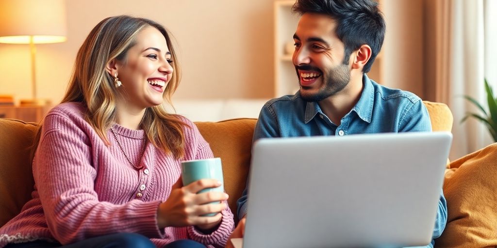Two friends laughing during a virtual chat over coffee.