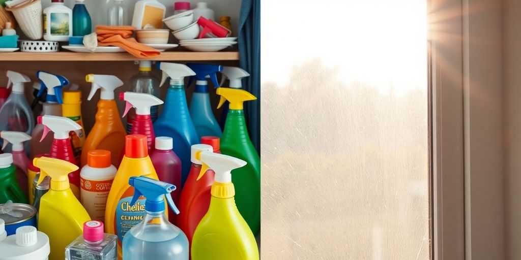 Mismatched cleaning supplies beside a streak-free window.