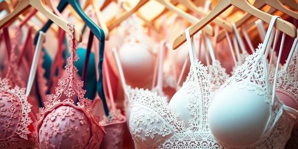 Close-up, diverse bras, various colors, textures, on display.