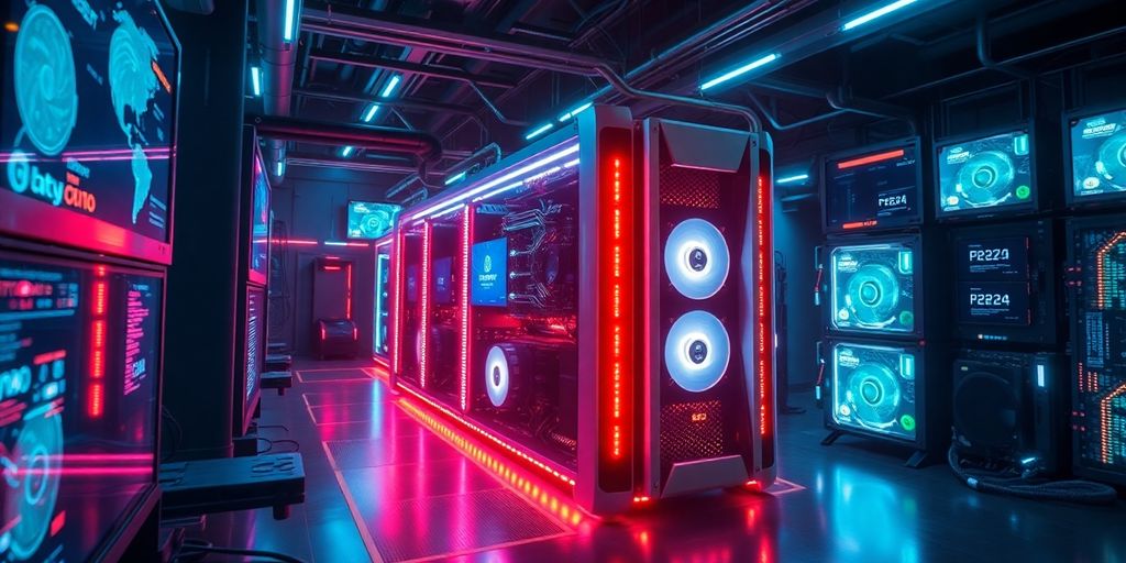 Imagem de um rig de mineração de criptomoedas moderno.