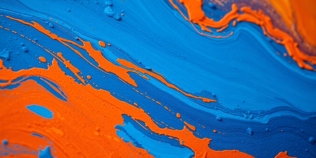 Vibrant paint strokes swirl on canvas, deep blues and oranges.