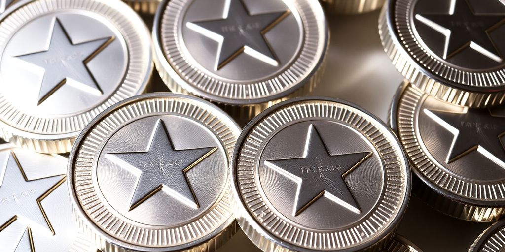 Shiny Texas silver rounds stacked high.