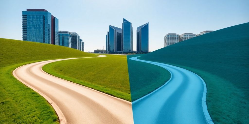 Two distinct paths converging with financial buildings.