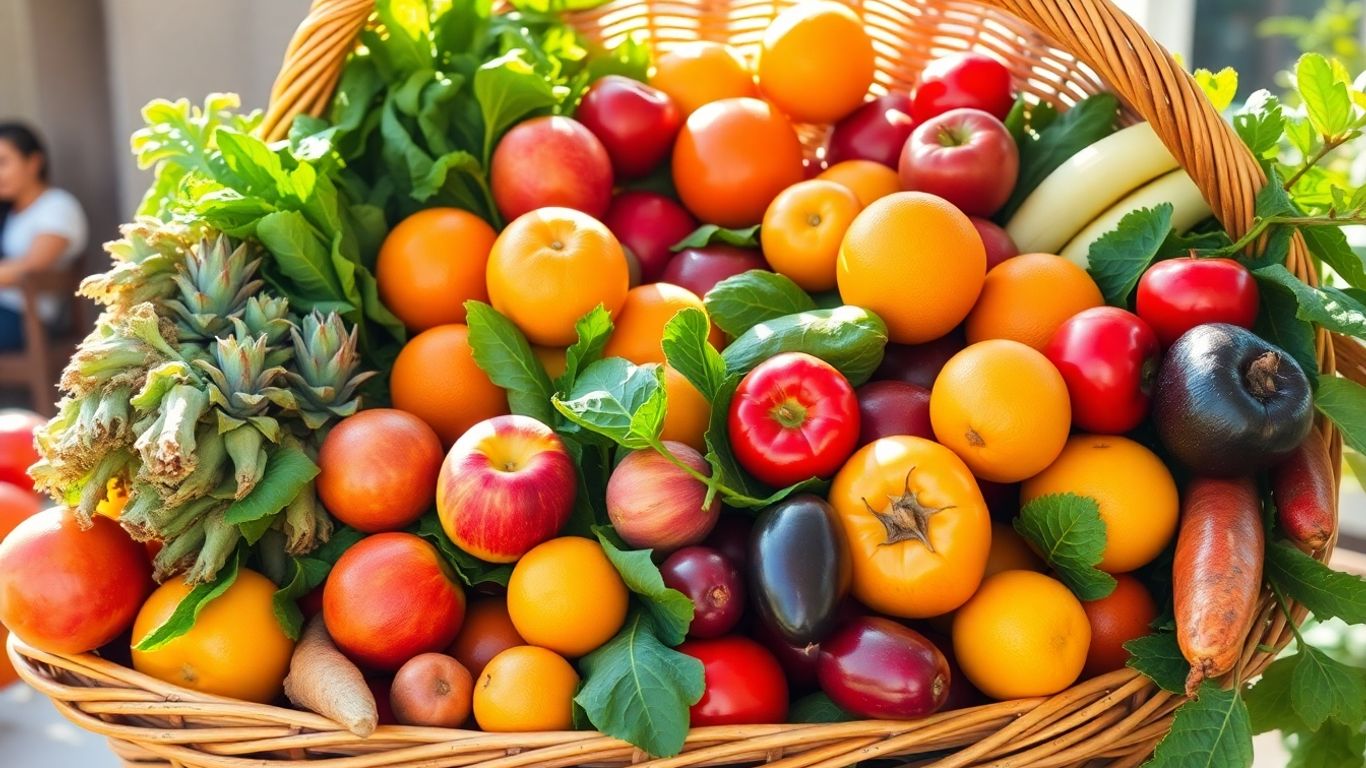 Panier rempli de fruits et légumes frais et colorés.
