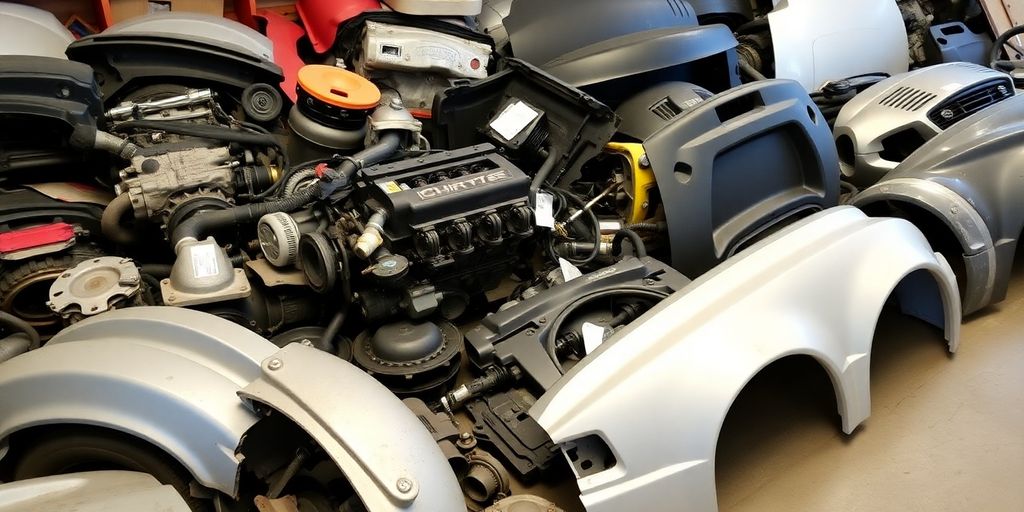 Chrysler car parts arranged neatly.