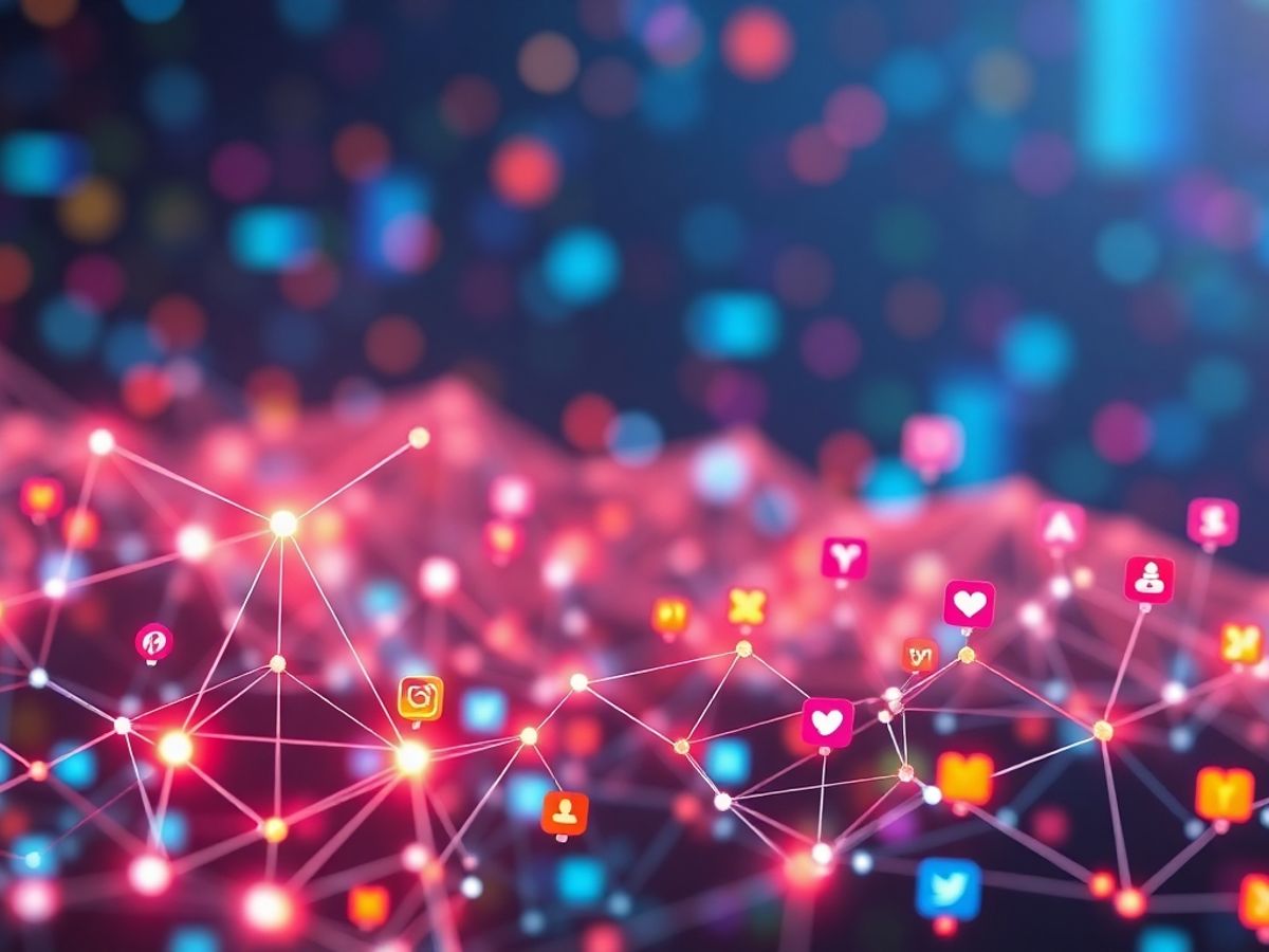 Interconnected nodes and social media icons in a digital landscape.