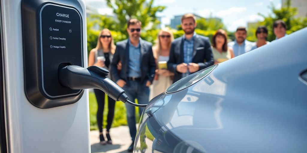 EV charging station with happy business owner.