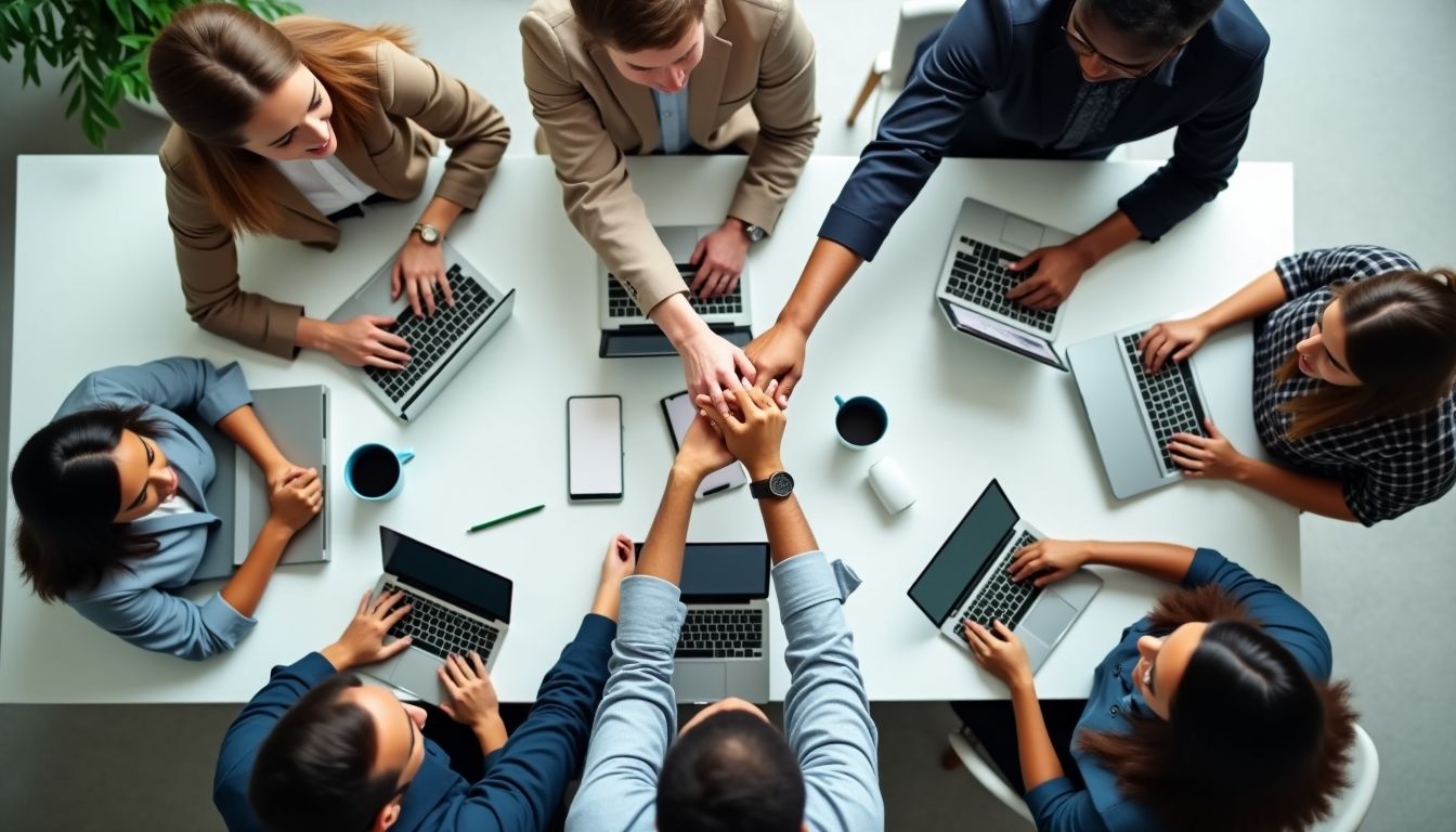 People shaking hands at a table with laptops.