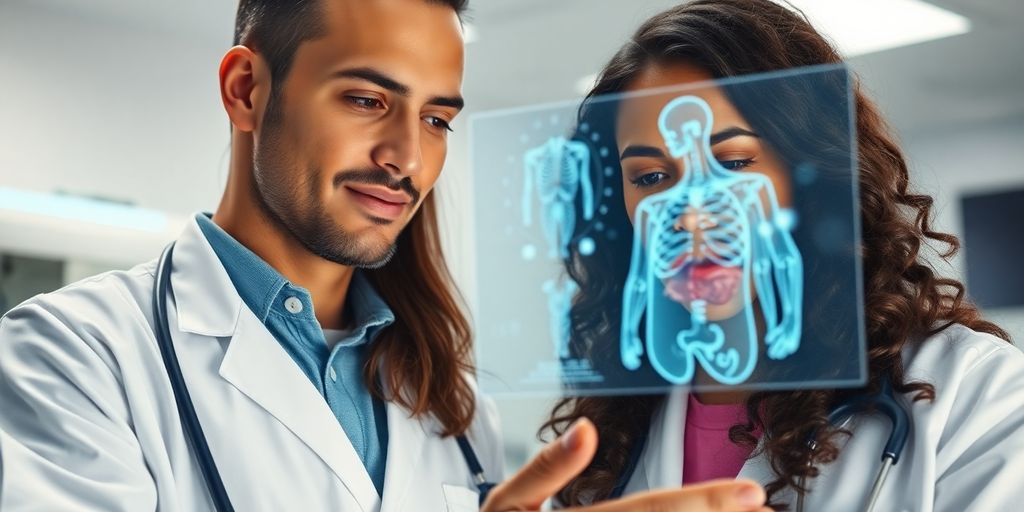 Two diverse medical professionals collaborating, futuristic healthcare tech.