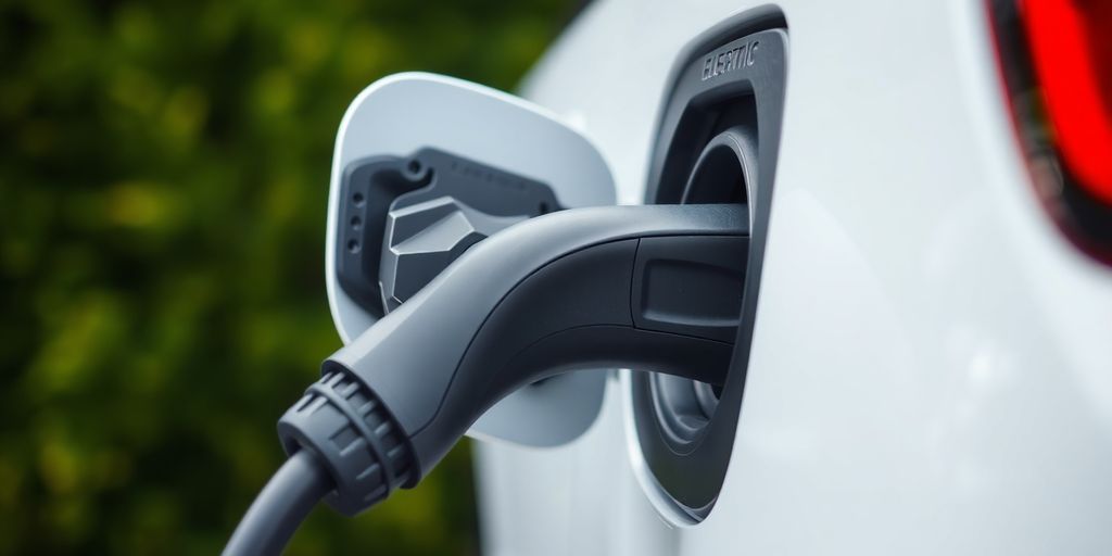 Electric vehicle charging station with charger and car.