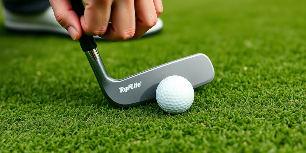 Golfer uses Top Flite chipper club on green.