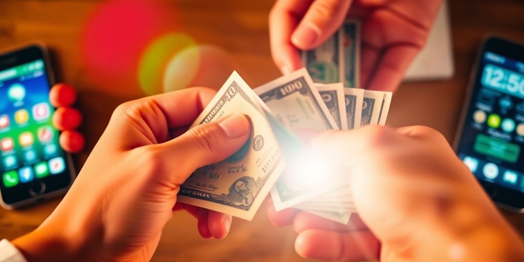 Hands exchanging cash with a smartphone nearby.