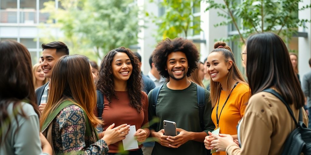 Diverse students networking on a college campus event.