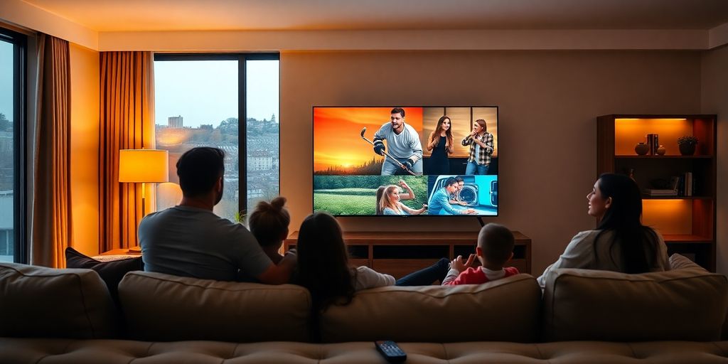 Why More Canadians Are Switching to IPTV in 2025 – Cost, Channels & Quality Explained 1 Family watching television in Canadian living room with various shows.