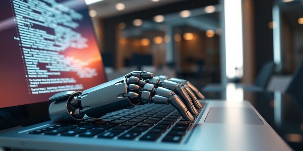 Robô escrevendo artigo em tela de computador.