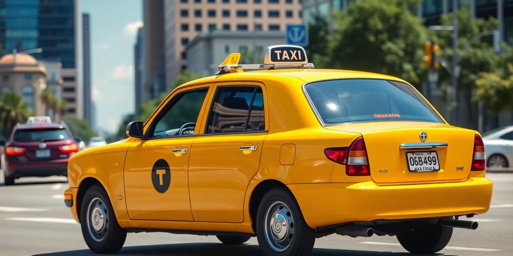 Yellow taxi driving on a Dallas street.