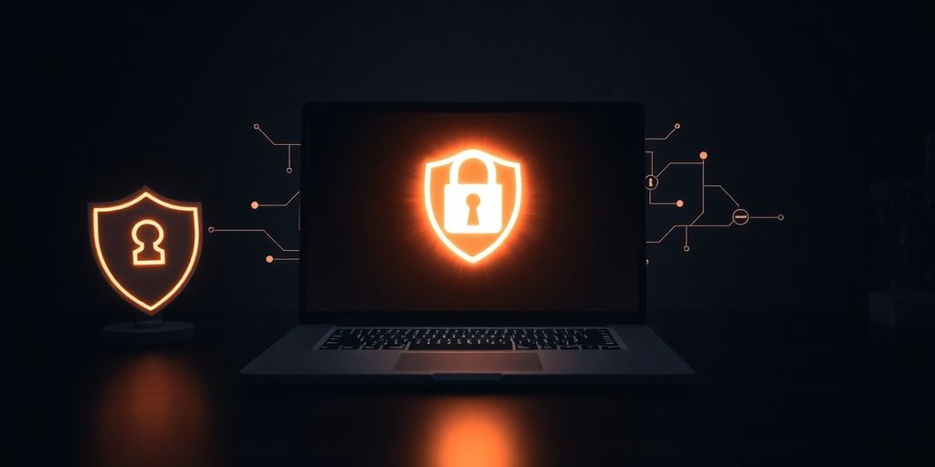 Modern laptop displaying a glowing lock icon on desk.