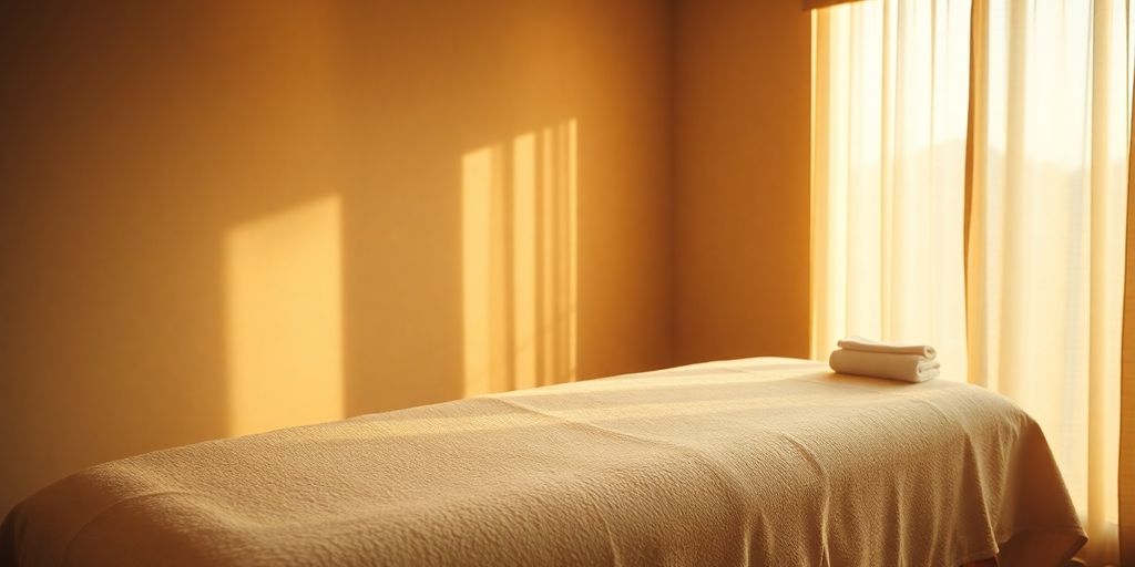 Serene spa room with massage table and soft lighting.