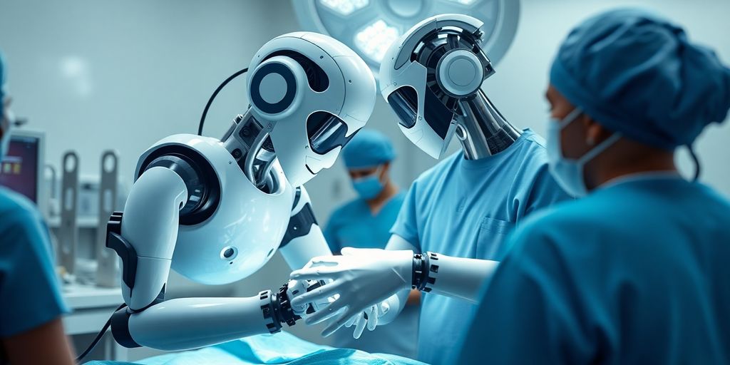Surgical robot performing a procedure in an operating room.