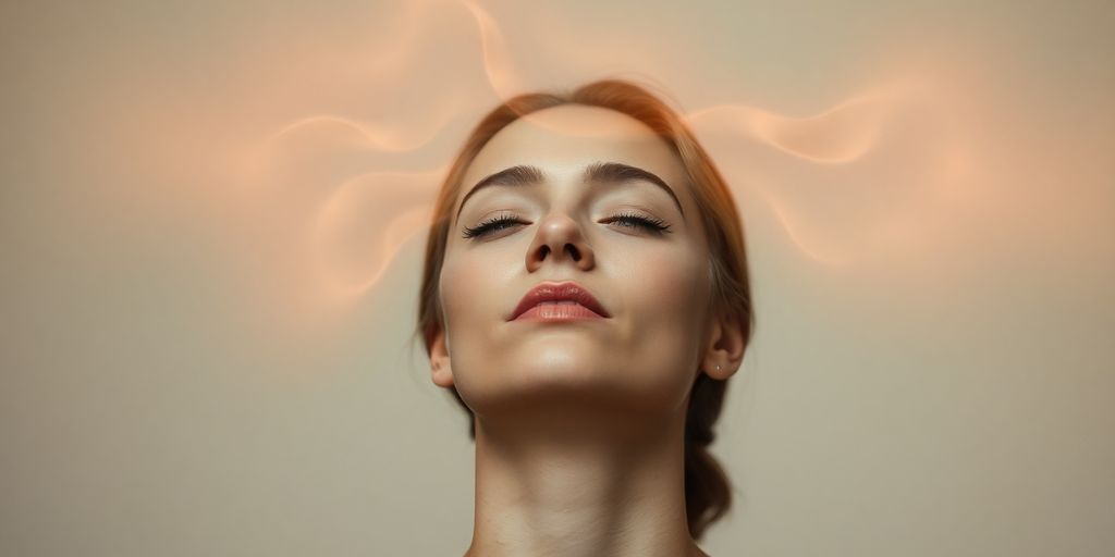 Person meditating with calming sounds visualized.