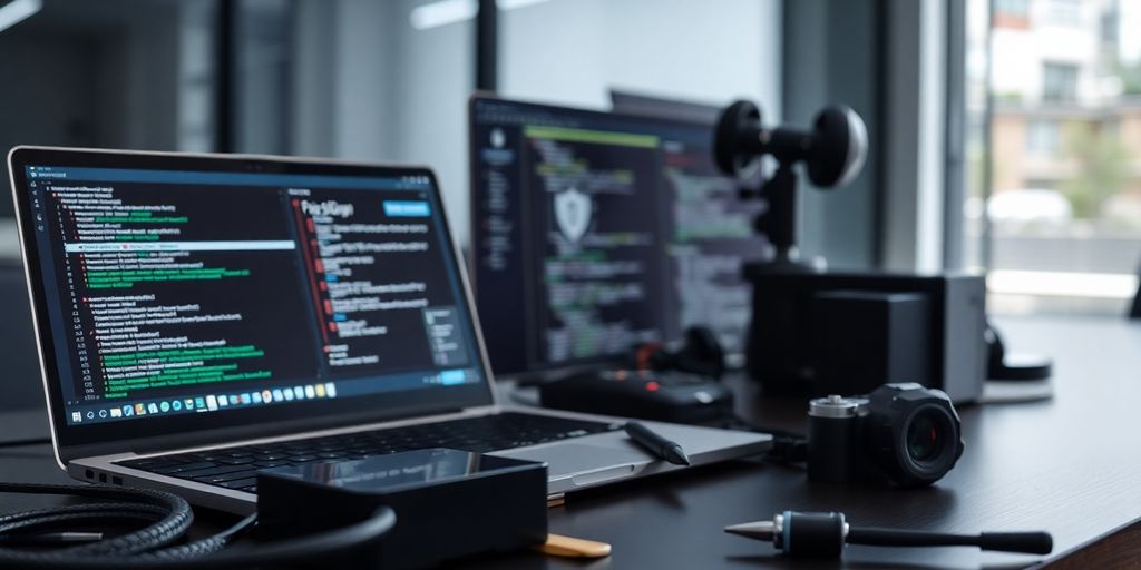 Cybersecurity tools on a modern workspace for pen testing.