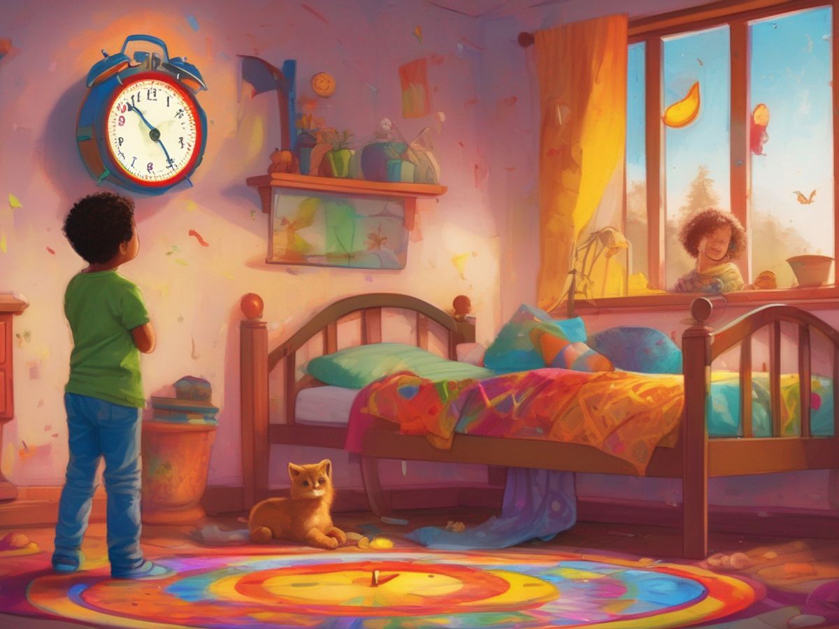 child learning to tell time with a colorful clock in a cozy home setting