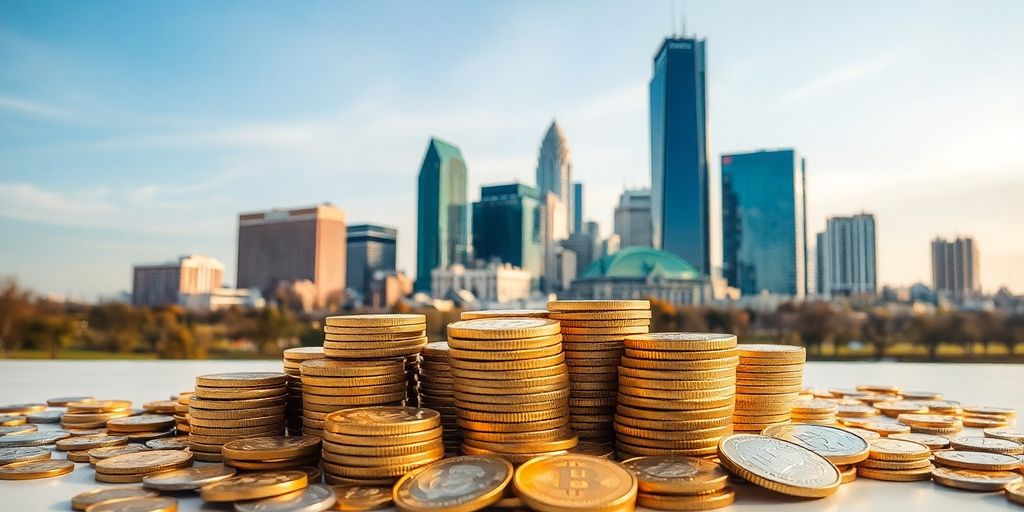Dallas skyline with gold coins.