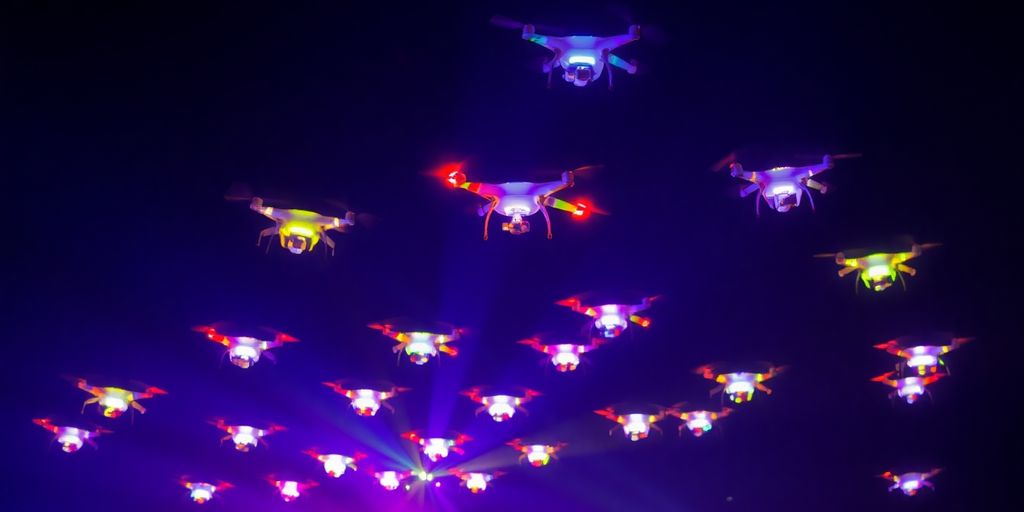 Drones lumineux dans un spectacle nocturne éblouissant.