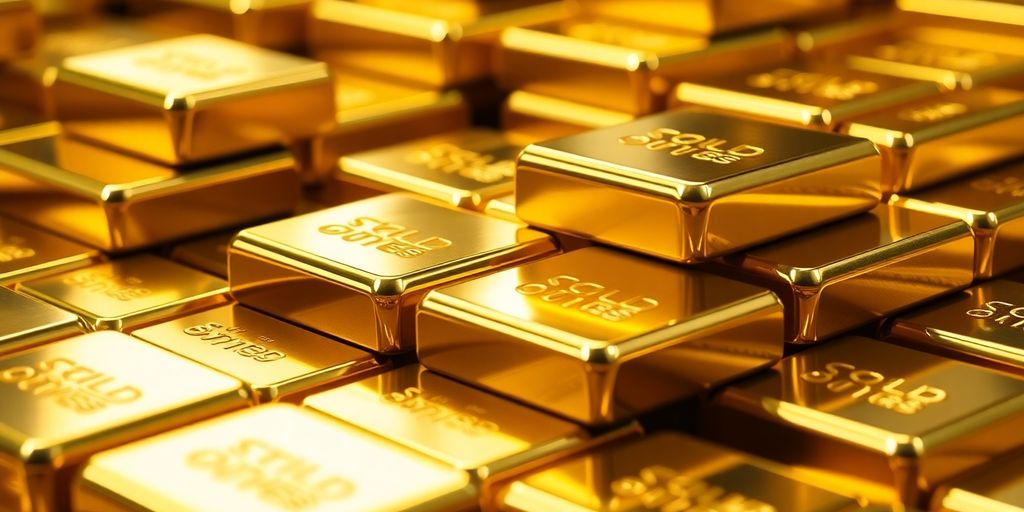 Barres d'or empilées sur une surface brillante.