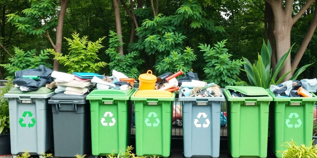 Eco-friendly junk disposal site with recycling bins and greenery.
