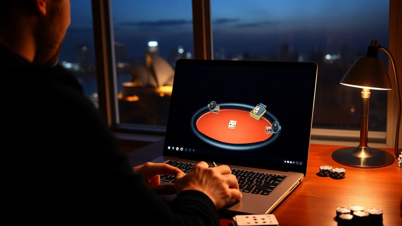 Aussie at laptop, dealer button visible, night skyline window, chips.