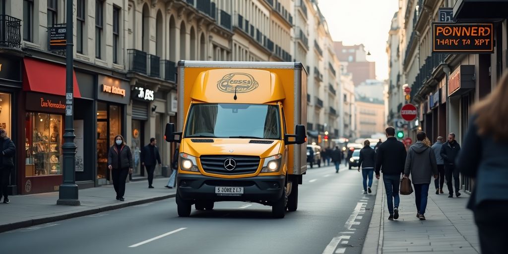 Lieferwagen auf einer belebten Straße mit Menschen.