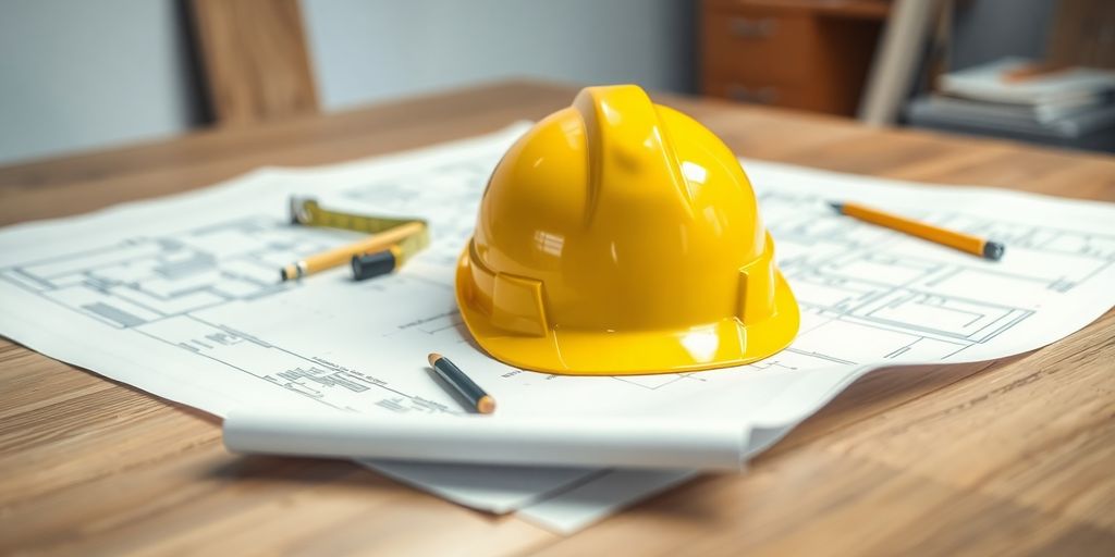 Construction blueprints and hard hat on a table.