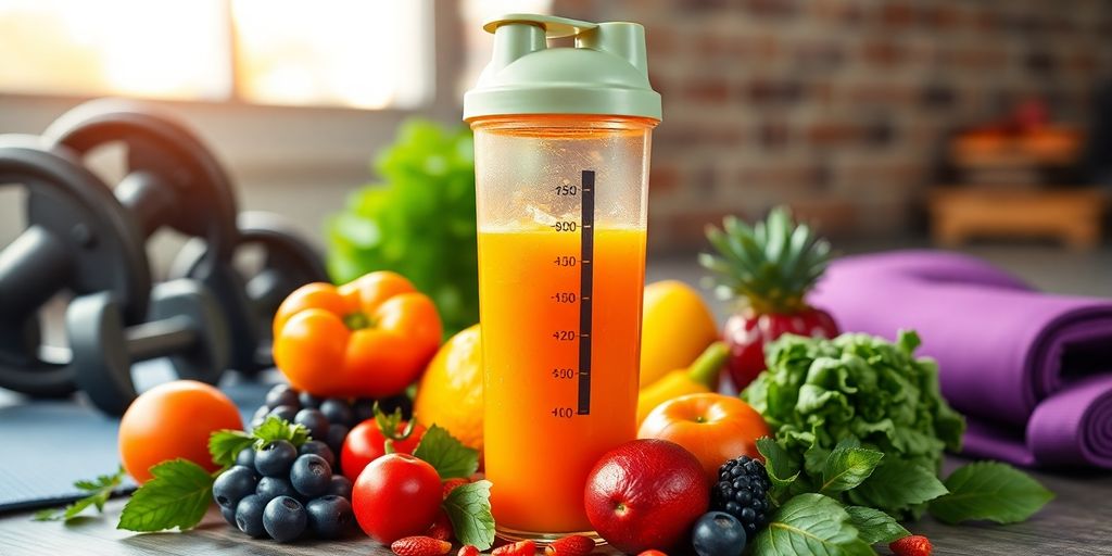 Colorful pre workout drink with fruits and weights.