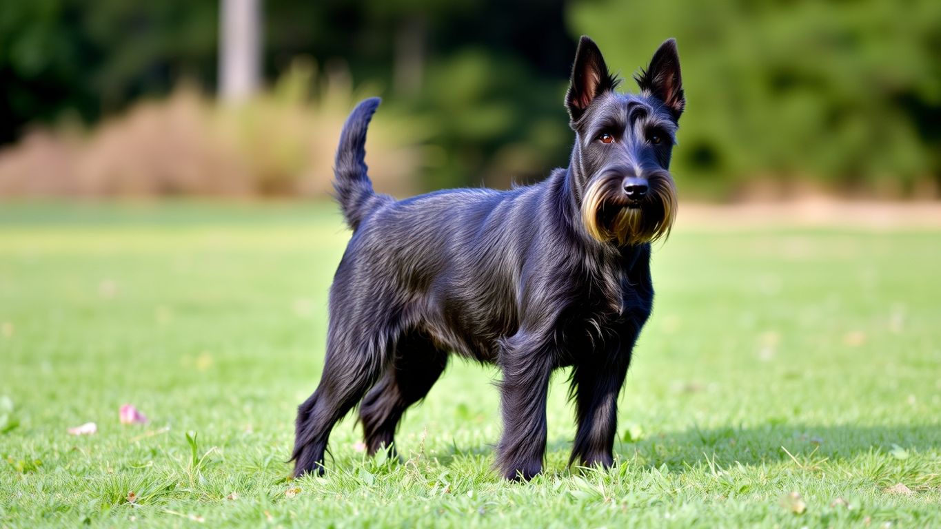 Scottish Terrier in a grassy field, looking alert.
