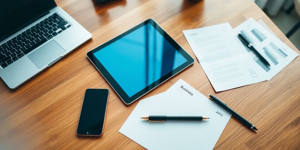Tablette, ordinateur portable, paperasse, smartphone, stylo
