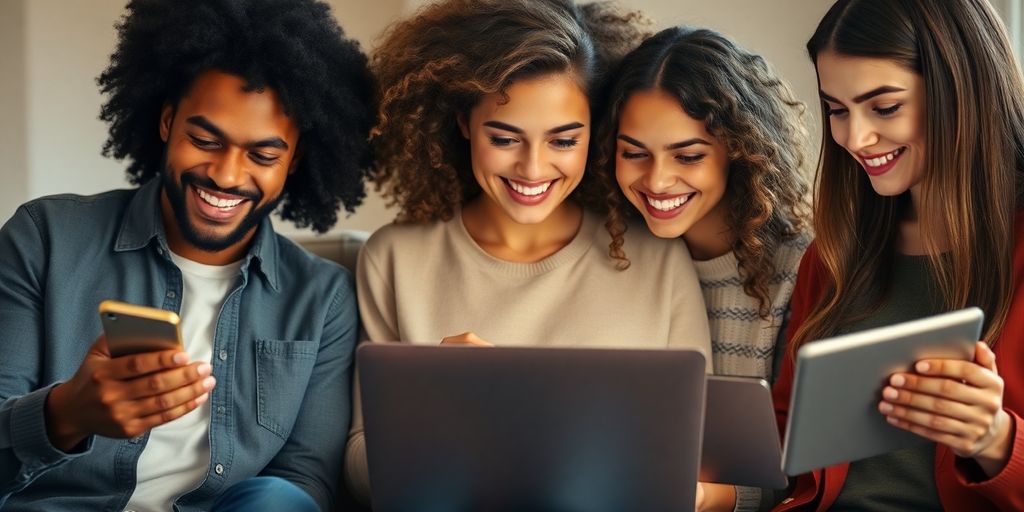 Diverse people engaging with digital personals.