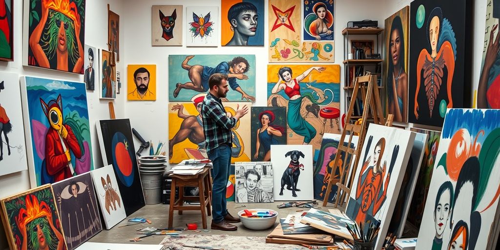 Mid-career artist in studio with vibrant artworks.