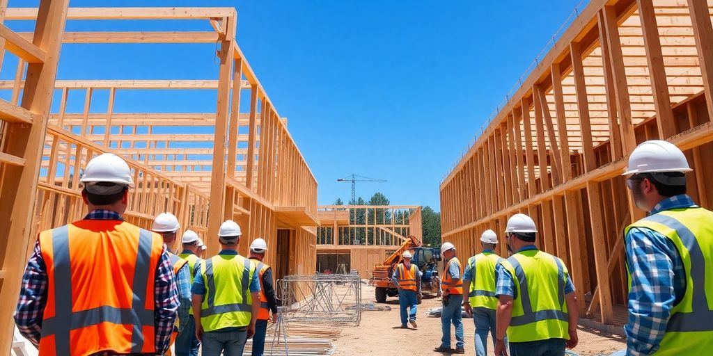 Construction crew on site, building