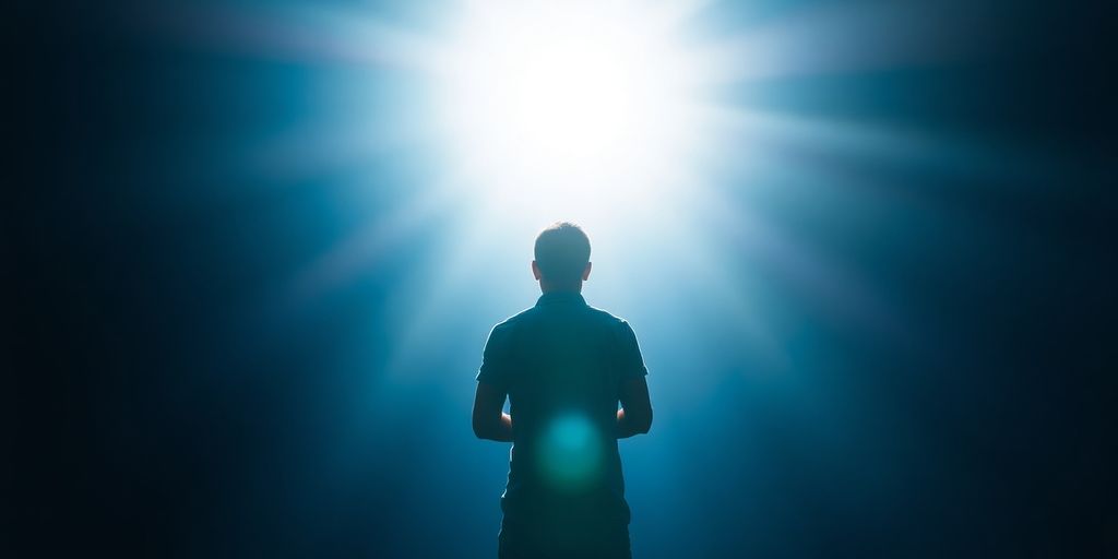 Person confidently walking towards a bright horizon.