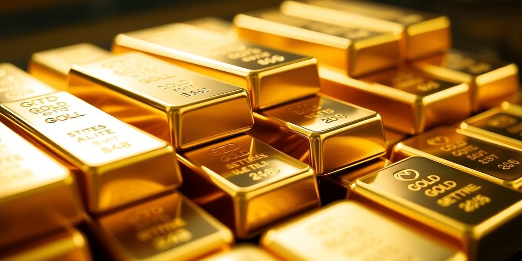 Barres d'or empilées réfléchissant la lumière.