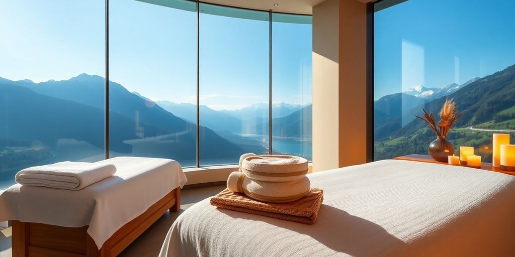 Luxurious spa retreat with mountain views and tranquil atmosphere.