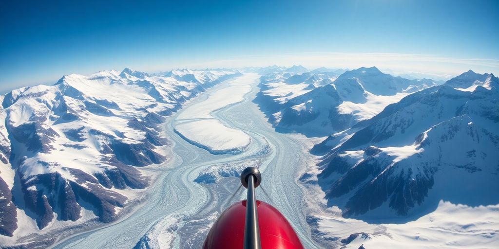 A helicopter soars over vast, snow-covered Alaskan mountains.