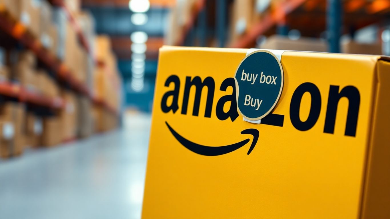 Golden Amazon box with Buy Box badge, fulfillment center background.