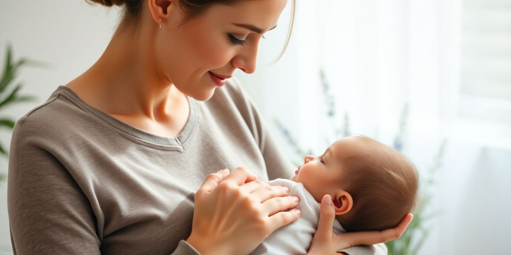 Calm mother breastfeeding, natural elements surrounding.