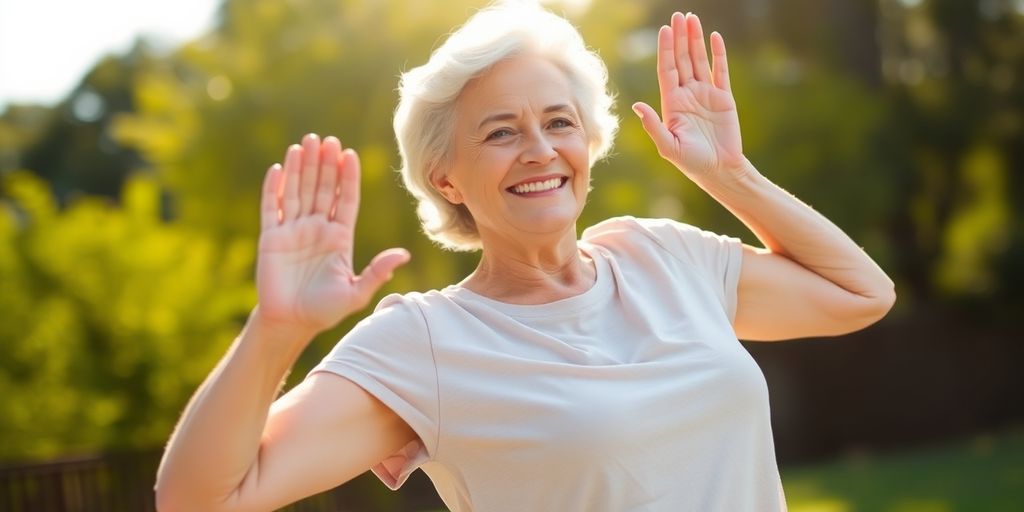 Senior woman smiling while stretching in a sunny park.
